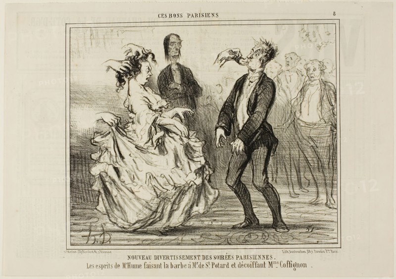 New Entertainment at the Parisian Evening Parties. The spirit of Mr. Hume shaving the beard of Monsieur de St. Potard and undoing the hair of Madame Coffignon, plate 8 from Ces Bons Parisiens, 1857, Honoré Victorin Daumier, French, 1808-1879, France, Lithograph in black on ivory wove paper, with letterpress verso, 202 × 245 mm (image), 257 × 358 mm (sheet)