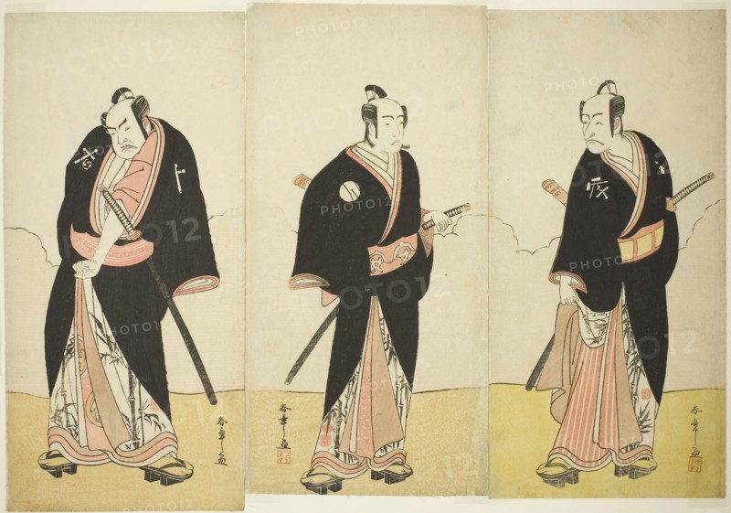 The Actors Ichikawa Danjuro V as Gokuin Sen’emon (right), Bando Mitsugoro I as An no Heibei (center), and Nakamura Sukegoro II as Kaminari Shokuro (left), in the Play Hatsumombi Kuruwa Soga, Performed at the Nakamura Theater in the Second Month, 1780, c. 1780, Katsukawa Shunsho ?? ??, Japanese, 1726-1792, Japan, Color woodblock print, hosoban, three sheets of pentaptych, 30.3 × 14.8 cm (11 15/16 × 5 13/16 in.) (right), 30.4 × 15 cm (11 15/16 × 5 7/8 in.) (center), 30.9 × 15 cm (12 3/16 × 5 7/8 in.) (left)