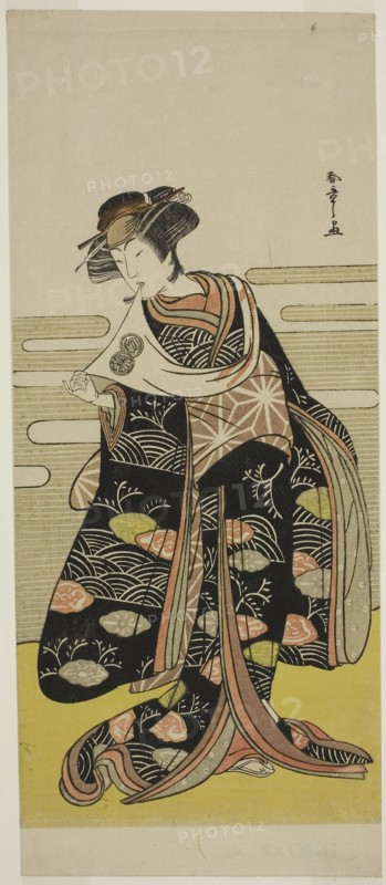 The Actor Segawa Kikunojo III as Onami Disguised as the Dragon Princess in the Play Saki Masuya Ume no Kachidoki, Performed at the Ichimura Theater in the Eleventh Month, 1778, c. 1778, Katsukawa Shunsho ?? ??, Japanese, 1726-1792, Japan, Color woodblock print, hosoban, 33.7 × 14.4 cm (13 1/4 × 5 11/16 in.)