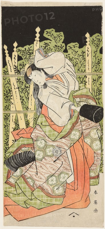 The Actor Segawa Kikunojo III, Possibly as Ono no Komachi, in the Final Part of Act Five of the Play Komachi-mura Shibai no Shogatsu (Komachi Village: New Year at the Theater), Performed at the Nakamura Theater from the First Day of the Eleventh Month, 1789, c. 1789, Katsukawa Shun’ei, Japanese, 1762-1819, Japan, Color woodblock print, hosoban, left sheet of diptych, 33.5 × 15 cm (13 3/16 × 5 7/8 in.)