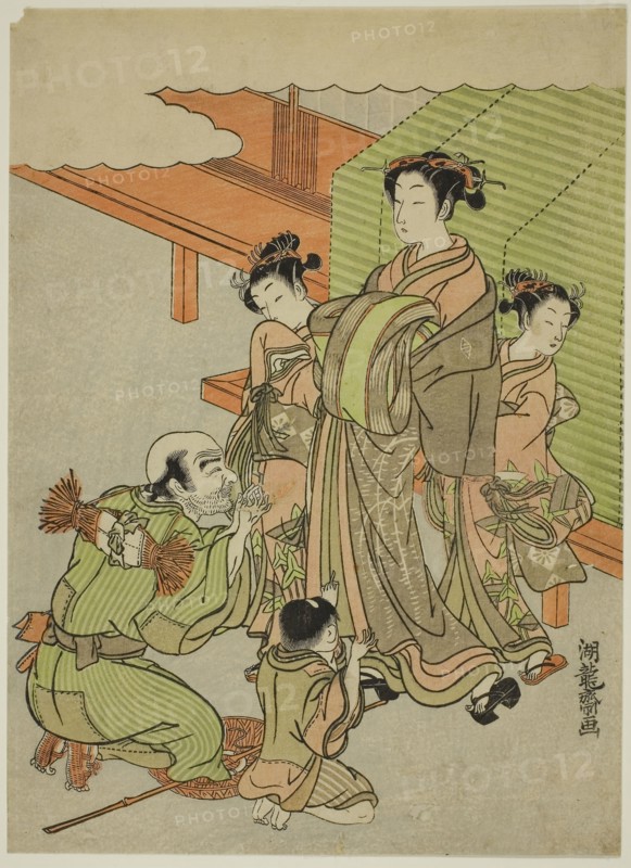 Begging for Alms, c. 1771, Isoda Koryusai, Japanese, 1735-1790, Japan, Color woodblock print, chuban, 10 1/4 × 7 3/8 in.