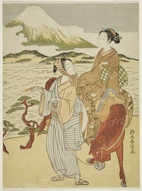 Pausing to admire Mt. Fuji (parody of Ariwara no Narihira’s journey to the east), c. 1768/69, Suzuki Harunobu ?? ??, Japanese, 1725 (?)-1770, Japan, Color woodblock print, chuban, 11 x 8 in.