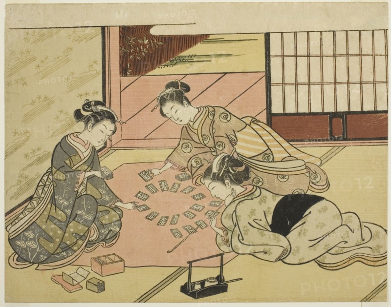 Young Women Playing Poem Cards, c. 1766/67, Suzuki Harunobu ?? ??, Japanese, 1725 (?)-1770, Japan, Color woodblock print, chuban yoko-e, 8 3/8 x 10 5/8 in.