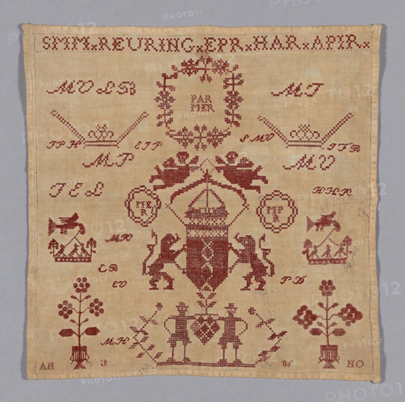 Sampler, 1860, Sophia Margaretha Reuning (Dutch, 1843- ?), Netherlands, Netherlands, Cotton, plain weave, embroidered in silk, cross, Algerian, single faggot, and hem stitches, 26.6 x 26.8 cm (10 1/2 x 10 1/2 in.)