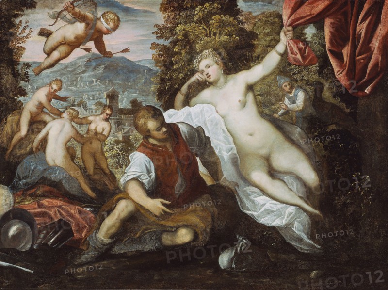 Venus and Mars with Cupid and the Three Graces in a Landscape, 1590/95, Domenico Tintoretto, Italian, 1560-1635, Tintoretto, Italian, 1518-1594, Workshop of Tintoretto, Italian, 1518-1594, Italy, Oil on canvas, 106.5 × 142.8 cm (41 7/8 × 56 1/4 in.)