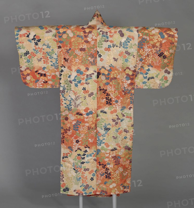 Karaori (Noh Costume), 18th century, Edo period (1615–1868), Japan, Silk and gold-leaf-over-lacquered-paper strips, twill weave, lined with silk, plain weave, dyed with beni, safflower, 171.4 x 136.5 cm (67 1/2 x 53 3/4 in.)