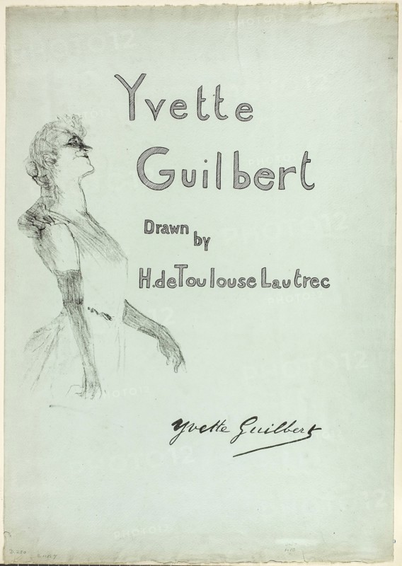 Yvette Guilbert on Stage, from Yvette Guilbert, 1898, Henri de Toulouse-Lautrec, French, 1864-1901, France, Lithograph on light blue wove paper, 306 × 166 mm (image, without te×t), 374 × 305 mm (image, with te×t), 546 × 380 mm (sheet)