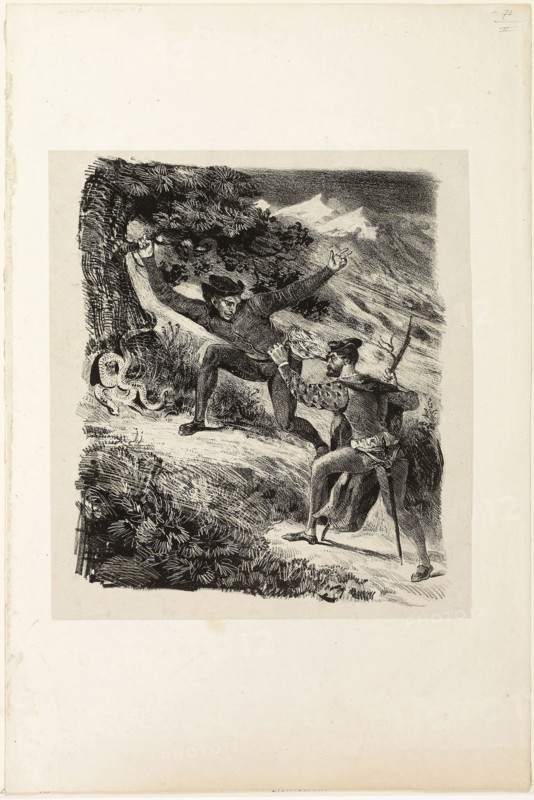 Faust and Mephistopheles in the Harz Mountains, 1828, Eugène Delacroix, French, 1798-1863, France, Lithograph in black on light gray China paper laid down on ivory wove paper, 250 × 210 mm (image), 435 × 290 mm (sheet)