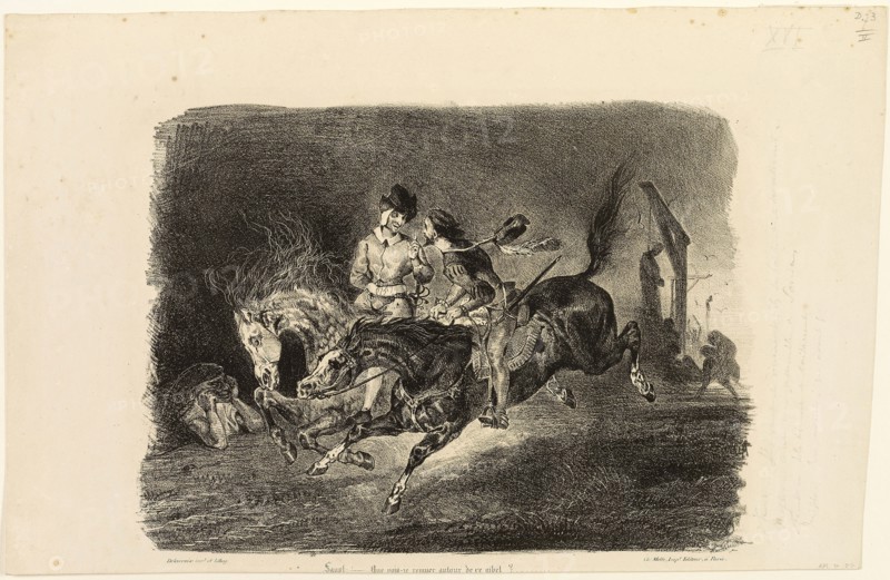 Faust and Mephistopheles Galloping Through the Night of the Witches’ Sabbath, 1828, Eugène Delacroix, French, 1798-1863, France, Lithograph in black on ivory wove paper, 210 × 285 mm (image), 260 × 400 mm (sheet)