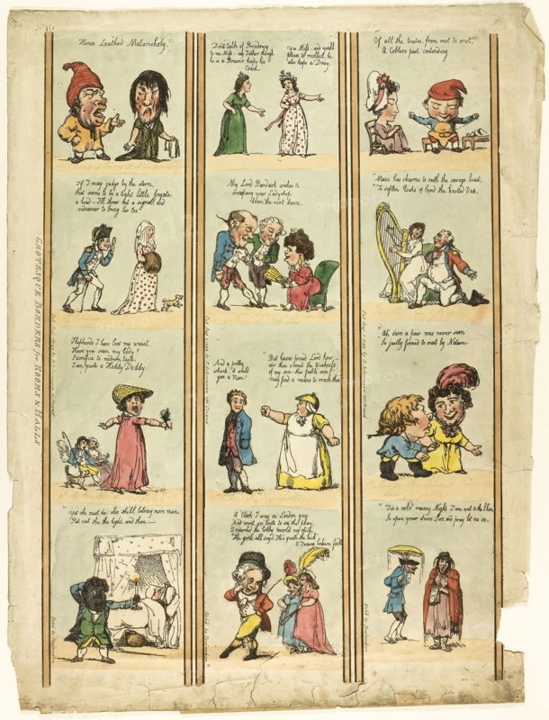 Grotesque Borders for Halls & Rooms, published August 1799, Thomas Rowlandson (English, 1756-1827), after George Moutard Woodward (English, c. 1760-1809), published by Rudolph Ackermann (English, 1734-1834), England, Hand-colored etching and stipple engraving on ivory wove paper, 460 × 322 mm (image), 490 × 350 mm (plate), 490 × 380 mm (sheet)