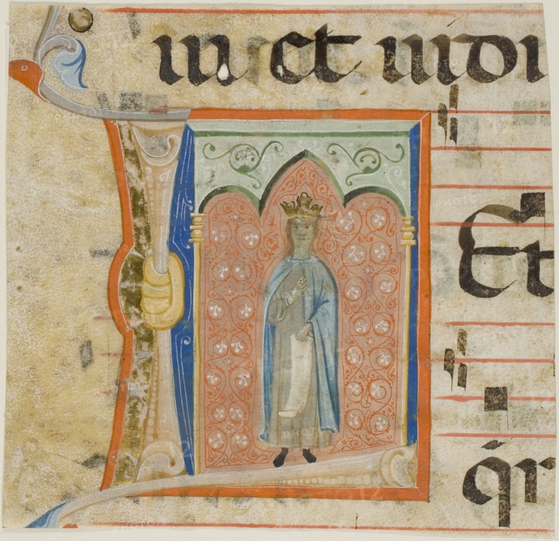Female Saint in a Historiated Initial L from a Choir Book, 1330/40, Italian (Florence), circle of the Master of the Dominican Effigies (Italian, active 1328-1350), Italy, Manuscript cutting in tempera and gold leaf, with gothica textura inscriptions in Latin in black ink, ruled in red, on parchment, 156 × 162 mm