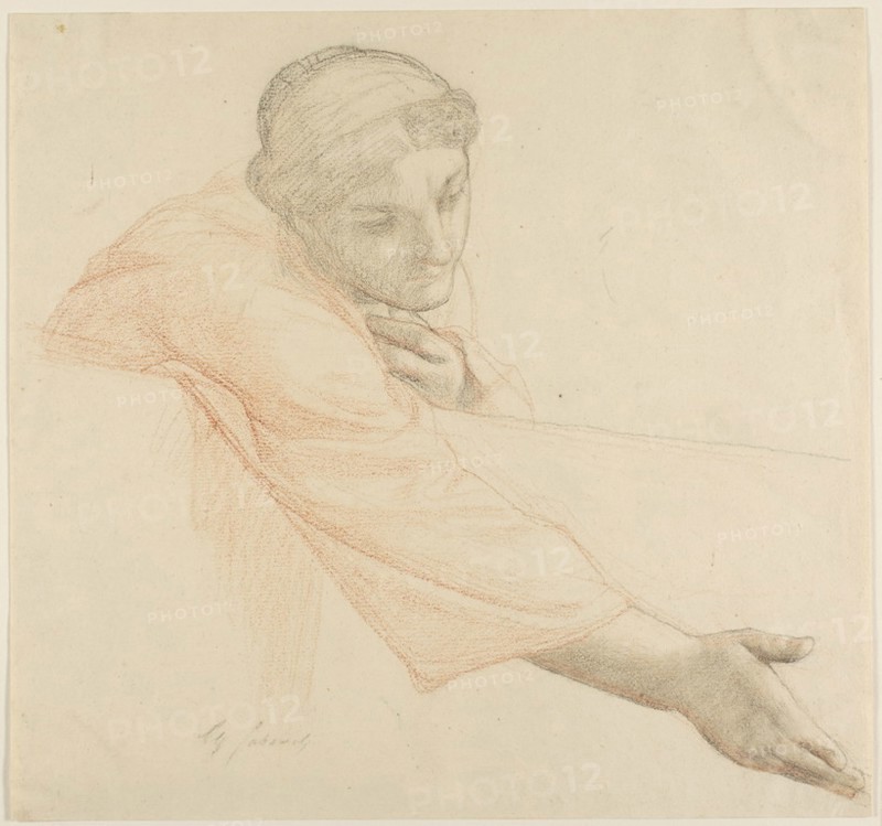 Woman Reaching Over a Wall, study for The Life of Saint Louis, King of France, c. 1878, Alexandre Cabanel, French, 1823-1889, France, Black and red chalk, with touches of stumping, on cream laid paper, 268 × 284 mm