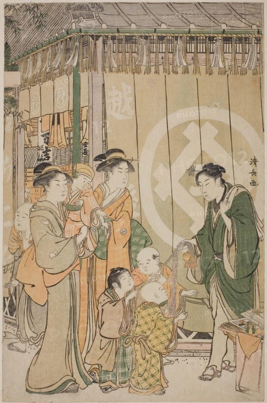 The Echigoya on New Year’s Day, c. 1789, Torii Kiyonaga, Japanese, 1752-1815, Japan, Color woodblock print, right sheet of oban triptych, 37.7 x 25.8 cm