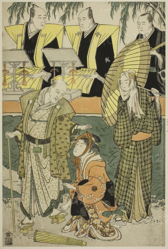 The Actors Bando Matakuro IV as Chubei, Osagawa Tsuneyo II as Umegawa, and Nakamura Katsugoro as Magoemon, in the play Keisei Koibikyaku, performed at the Morita Theater in the fifth month, 1783, 1783, Torii Kiyonaga, Japanese, 1752-1815, Japan, Color woodblock print, oban, 38.2 x 25.4 cm