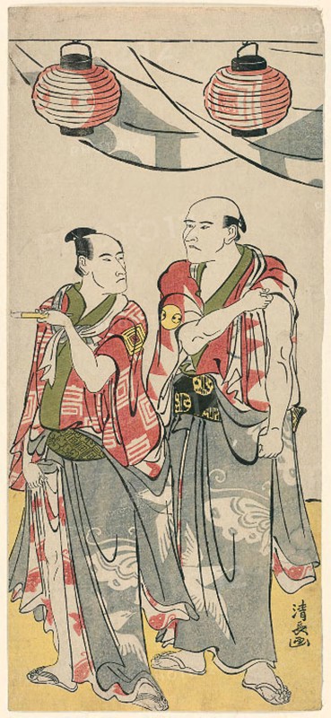 The Actors Arashi Ryuzo II and Ichikawa Komazo III, from a pentaptych of eleven actors celebrating the festival of the shrine of the Soga brothers, 1788, Torii Kiyonaga, Japanese, 1752-1815, Japan, Color woodblock print, hosoban, pentaptych (first sheet from the right), 31.1 x 13.8 cm
