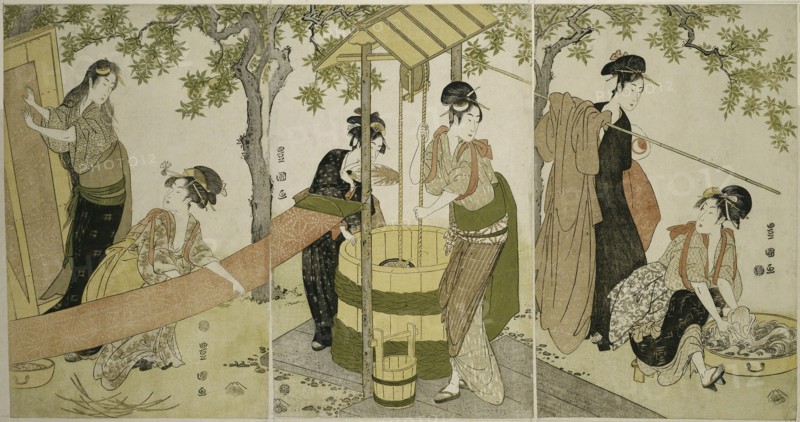 Doing the Laundry by the Well Curb (Idobata no sentaku to araihari), c. 1795, Utagawa Toyokuni I ?? ?? ??, Japanese, 1769–1825, Japan, Color woodblock prints, oban triptych, 37.8 x 24.3 cm (right sheet), 37.9 x 24.2 cm (center sheet), 38.0 x 24.3 cm (left sheet)