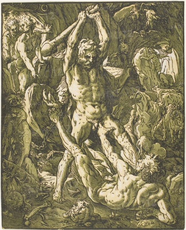 Hercules Killing Cacus, 1588, Hendrick Goltzius, Dutch, 1558-1617, Netherlands, Chiaroscuro woodcut from three blocks in black, yellow and olive-green, on ivory laid paper, 410 × 332 mm (image/plate/sheet trimmed to platemark)