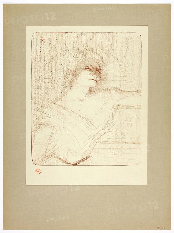 Dans la glu, plate two from Yvette Guilbert, 1898, printed 1930, Henri de Toulouse-Lautrec (French, 1864-1901), printed by Westminster Press (English, 20th century), published by the Ernest Brown & Phillips (English, 20th century), France, Lithograph (crayon) in sanguine (red-brown) on cream wove paper hinged at top corners to gray-brown wove paper, 293 × 243 mm (image), 350 × 267 mm (primary support), 497 × 371 mm (secondary support)