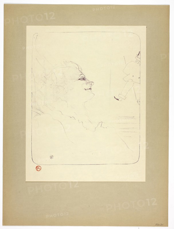 Pessima, plate three from Yvette Guilbert, 1898, printed 1930, Henri de Toulouse-Lautrec (French, 1864-1901), printed by Westminster Press (English, 20th century), published by the Ernest Brown & Phillips (English, 20th century), France, Lithograph (crayon) in purple or violet on cream wove paper hinged at top corners to gray-brown wove paper, 297 × 242 mm (image), 349 × 268 mm (primary support), 497 × 371 mm (secondary support)