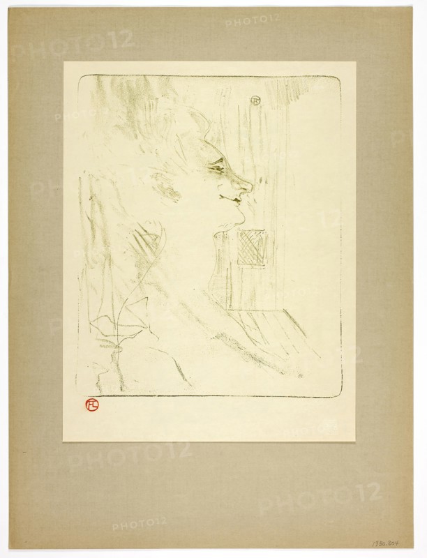 Soûlarde, plate six from Yvette Guilbert, 1898, printed 1930, Henri de Toulouse-Lautrec (French, 1864-1901), printed by Westminster Press (English, 20th century), published by the Ernest Brown & Phillips (English, 20th century), France, Lithograph (crayon) in olive-green on cream wove paper hinged at top corners to gray-brown wove paper, 296 × 244 mm (image), 349 × 268 mm (primary support), 497 × 371 mm (secondary support)