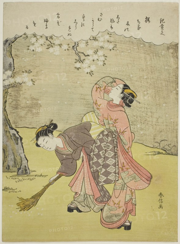 Poem by Ki no Tsurayuki, from an untitled series of Thirty-Six Immortal Poets, c. 1767/68, Suzuki Harunobu ?? ??, Japanese, 1725 (?)-1770, Japan, Color woodblock print, chuban, 28.8 x 21.1 cm (11 1/4 x 8 1/4 in.)