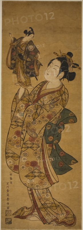 The Actor Onoe Kikugoro I holding a puppet of the Actor Sanogawa Ichimatsu I, c. 1740s, Ishikawa Toyonobu, Japanese, 1711-1785, Japan, Hand-colored woodblock print, vertical oban diptych, sumizuri-e, 66.3 x 23.1 cm (26 1/8 x 9 1/4 in.)