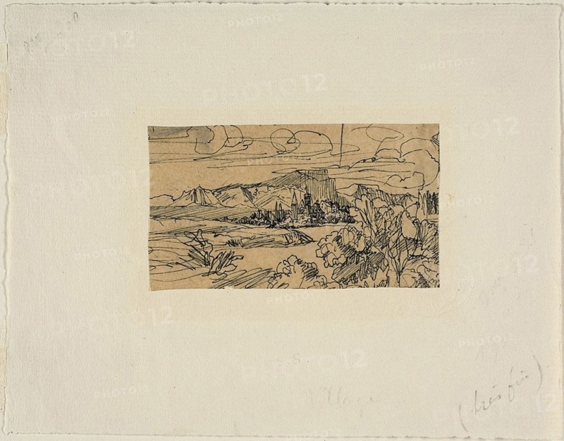 Cathedral and Village on a Lake, n.d., Rodolphe Bresdin, French, 1825-1885, France, Pen and black ink, on tan tracing paper, laid down on ivory laid paper, 46 × 81 mm