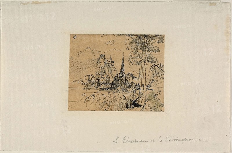 The Château and the Cathedral, n.d., Rodolphe Bresdin, French, 1825-1885, France, Pen and black ink, on tan tracing paper, laid down on ivory laid paper, 80 × 101 mm