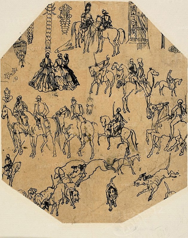 Sheet of Sketches: Hounds, Riders, Ladies. Architectural Elements, Insects, n.d., Rodolphe Bresdin, French, 1825-1885, France, Pen and black ink, on tan tracing paper, laid down on ivory laid paper, 135 × 113 mm