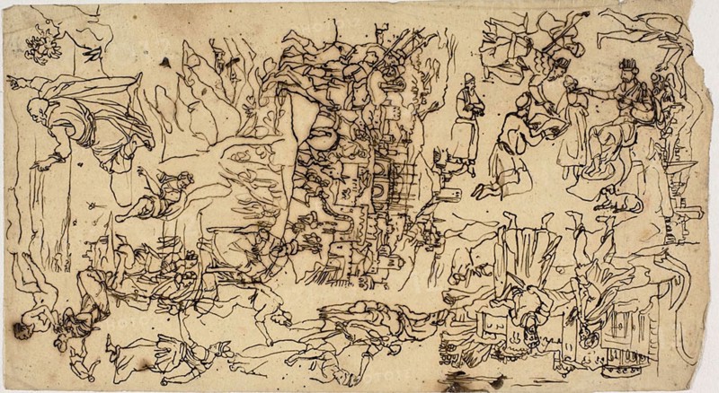 Biblical Scenes, n.d., Rodolphe Bresdin, French, 1825-1885, France, Pen and brown ink, on cream tracing paper, laid down on ivory wove paper, 228 × 126 mm