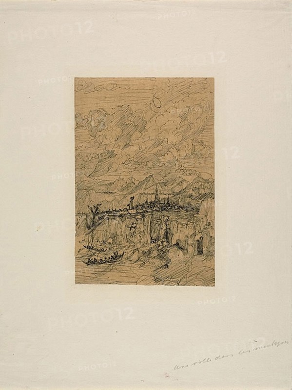 City in the Mountains, n.d., Rodolphe Bresdin, French, 1825-1885, France, Pen and black ink, on tan tracing paper, laid down on ivory laid paper, 167 × 113 mm