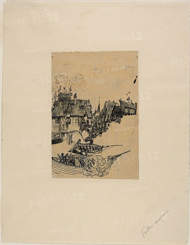 Old Houses and Fishing Boats, n.d., Rodolphe Bresdin, French, 1825-1885, France, Pen and black ink, on tan tracing paper, laid down on buff wove paper, 172 × 116 mm