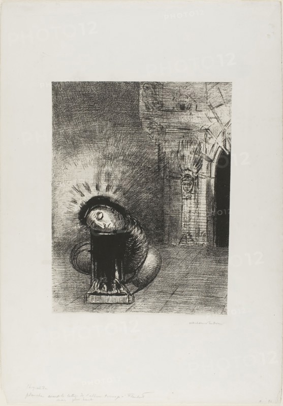 A Long Chrysalis, the Color of Blood, plate 2 of 6, 1889, Odilon Redon, French, 1840-1916, France, Lithograph in black on ivory China paper laid down on ivory wove paper, 260 × 195 mm (image/chine), 447 × 314 mm (sheet)