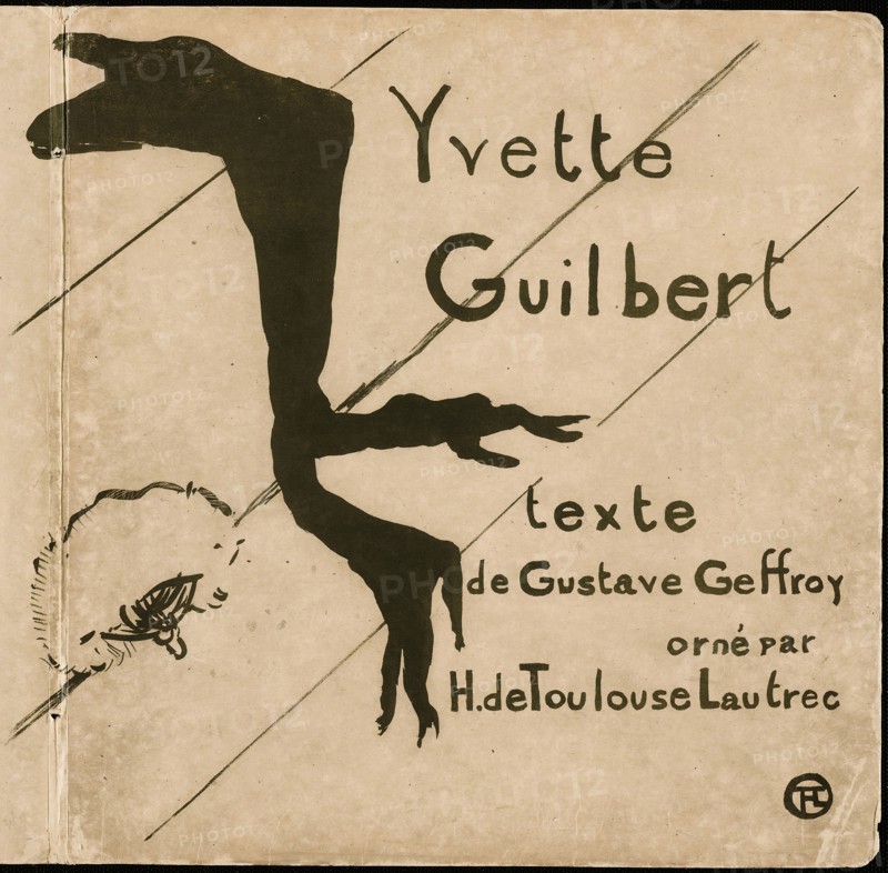 Cover for Yvette Guilbert, 1894, Henri de Toulouse-Lautrec, French, 1864-1901, France, Lithograph on gray-brown wove paper laid down on board, 384 × 405 mm (image), 408 × 394 mm (sheet, folded), 408 × 787 mm (sheet, unfolded)