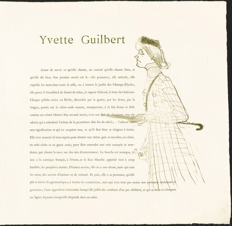 Yvette Guilbert, 1894, Henri de Toulouse-Lautrec, French, 1864-1901, France, Lithograph with letterpress, on ivory laid paper, 269 × 180 mm (image), 384 × 388 mm (sheet, folded, appro×.)
