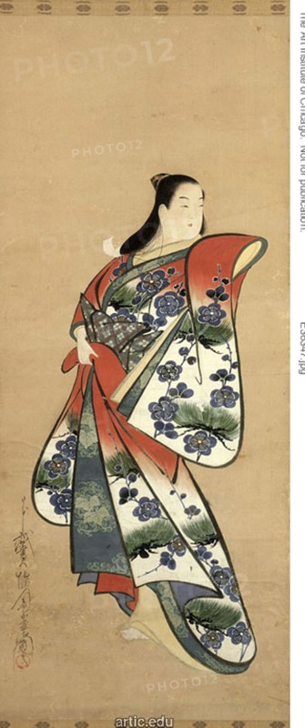 A Beauty, Early 18th century, Kaigetsudo Doshin, Japanese, active c. 1700-1716, Japan, Hanging scroll, ink, colors, and gold on paper, 110.6 × 46.8 cm (43 9/16 × 18 7/16 in.)