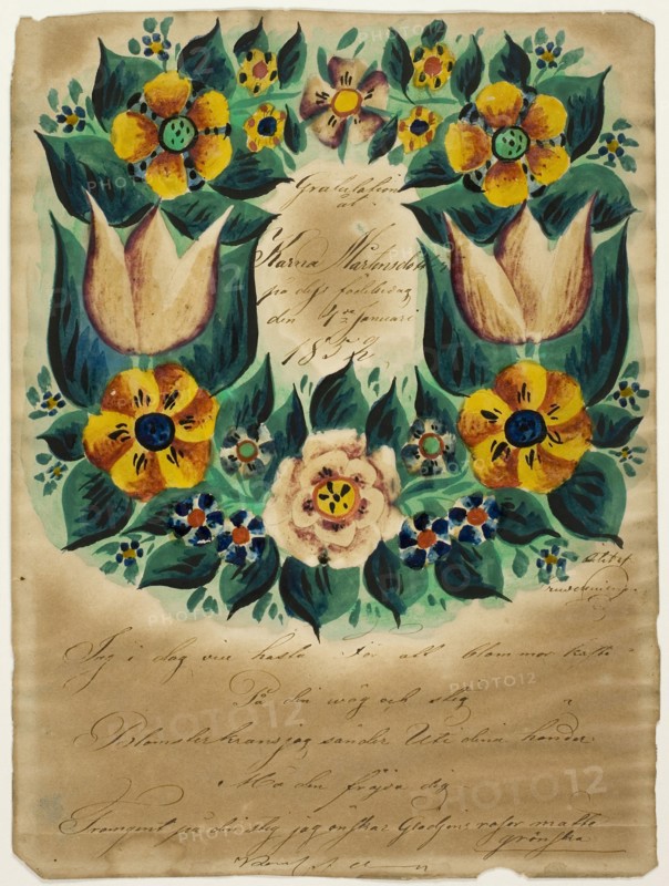 Letter of Congratulations to Karna Martensdottir, n.d., Unknown Artist, American, 19th century, United States, Watercolor, over graphite, heightened with gum arabic, on cream wove paper, 219 x 163 mm