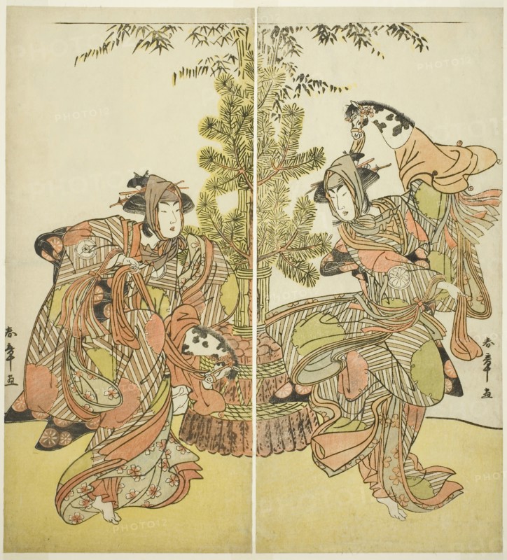 The Actors Segawa Kikunojo III as Yasukata (right), and Iwai Hanshiro IV as Utou (left) in the Play Godai Genji Mitsugi no Furisode, Performed at the Nakamura Theater in the Eleventh Month, 1782, c. 1782, Katsukawa Shunsho ?? ??, Japanese, 1726-1792, Japan, Color woodblock print, hosoban, diptych, Each sheet: 31.9 x 14.5 cm (12 9/16 x 5 11/16 in.)