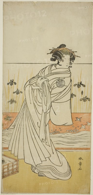The Actor Nakamura Tomijuro I as the Courtesan Toyama in the Play Koi Nyobo Somewake Tazuna, Performed at the Nakamura Theater in the Ninth Month, 1777, c. 1777, Katsukawa Shunsho ?? ??, Japanese, 1726-1792, Japan, Color woodblock print, hosoban, 32.2 x 15.1 cm (12 11/16 x 5 15/16 in.)