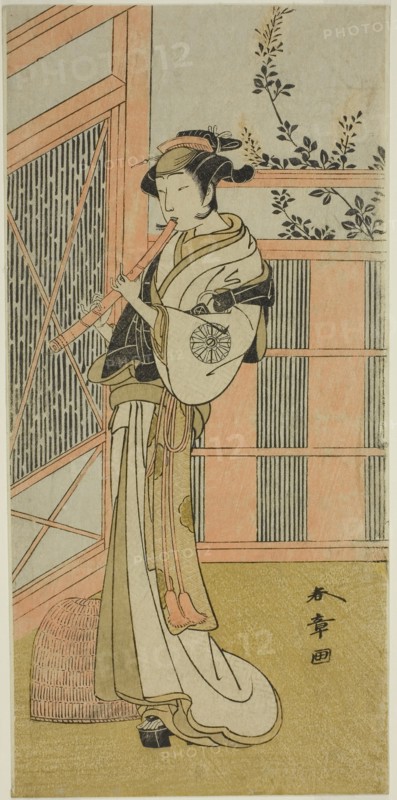 The Actor Nakamura Noshio I as Misao Disguised as a Komuso in the Play Kosode-gura no Tekubari, Performed at the Morita Theater in the Second Month, 1772 (?), c. 1772, Katsukawa Shunsho ?? ??, Japanese, 1726-1792, Japan, Color woodblock print, hosoban, 29 x 14.2 cm (11 7/16 x 5 9/16 in.)