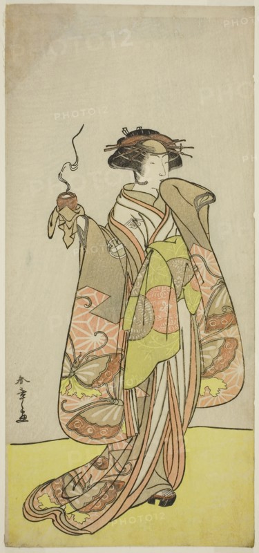 The Actor Ichikawa Monnosuke II as the Courtesan Kewaizaka no Shosho in the Play Sono Kyodai Fuji no Sugatami, Performed at the Morita Theater in the First Month, 1776, c. 1776, Katsukawa Shunsho ?? ??, Japanese, 1726-1792, Japan, Color woodblock print, hosoban, 32.7 x 15 cm (12 7/8 x 5 7/8 in.)