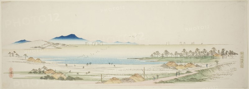 Salt Beach at Gyotoku (Gyotoku shiohama no zu), from an untitled series of famous views of the Edo suburbs, c. 1839/40, Utagawa Hiroshige ?? ??, Japanese, 1797-1858, Japan, Color woodblock print, ebangire, surimono, 18.5 x 52.2 cm (7 1/4 x 20 9/16 in.)