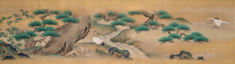 Mount Horai, About 1802–1816, Kano Isen’in, Japanese, 1775-1828, Japan, Pair of handscrolls, ink and colors on silk, 27.3 x 251.4 cm, Mount Horai, About 1802–1816, Kano Isen’in, Japanese, 1775-1828, Japan, Pair of handscrolls, ink and colors on silk, 27.3 x 251.4 cm, Ojime, 1750/1800, Japan, Gold