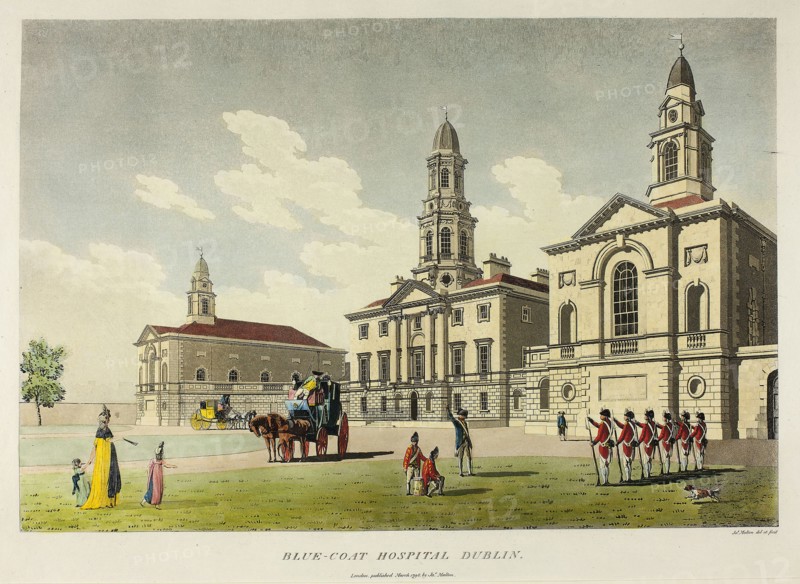 Blue-Coat Hospital, Dublin, published March 1798, James Malton, English, 1761-1803, England, Hand-colored aquatint in black on ivory wove paper, 255 × 377 mm (image), 315 × 425 mm (plate), 420 × 557 mm (sheet)