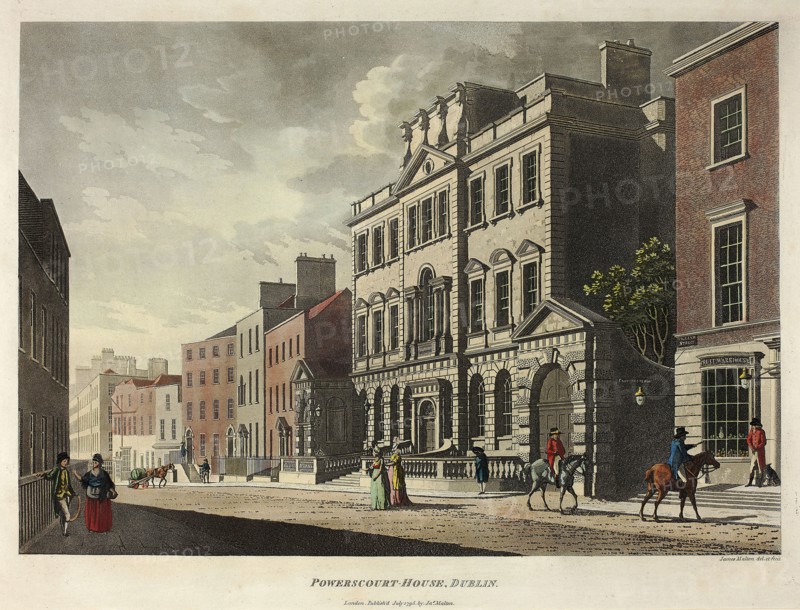Powerscourt House, Dublin, published July 1795, James Malton, English, 1761-1803, England, Hand-colored aquatint in black on ivory wove paper, 267 × 383 mm (image), 315 × 425 mm (plate), 420 × 555 mm (sheet)