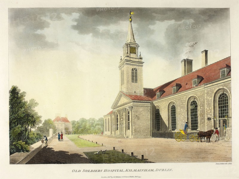 Old Soldiers Hospital, Kilmainham, Dublin, published February 1794, James Malton, English, 1761-1803, England, Hand-colored aquatint in black on ivory wove paper, 263 × 372 mm (image), 315 × 425 mm (plate), 420 × 555 mm (sheet)