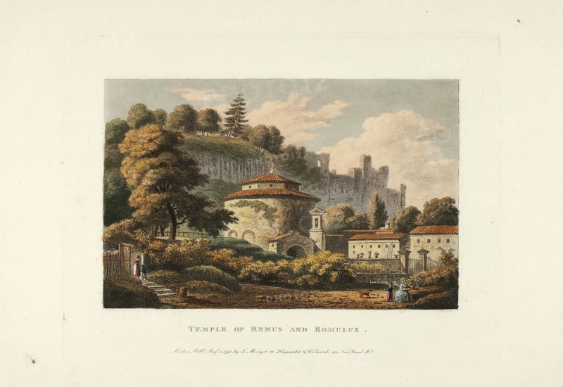 Temple of Remus and Romulus, plate sixteen from the Ruins of Rome, published August 4, 1796, M. Dubourg, (English, active 1786-1838), published by J. Merigot (Italian, Unknown), England, Hand-colored aquatint on paper, 330 × 448 mm (sheet)
