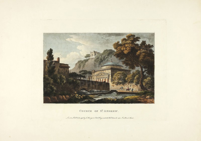 Church of St. Andrew, plate eighteen from the Ruins of Rome, published October 11, 1796, M. Dubourg, (English, active 1786-1838), published by J. Merigot (Italian, Unknown), England, Hand-colored aquatint on paper, 330 × 448 mm (sheet)