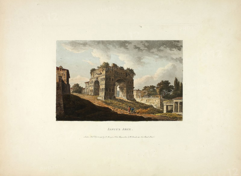 Janus’s Arch, plate twenty from the Ruins of Rome, published December 6, 1796, M. Dubourg, (English, active 1786-1838), published by J. Merigot (Italian, Unknown), England, Hand-colored aquatint on paper, 330 × 448 mm (sheet)