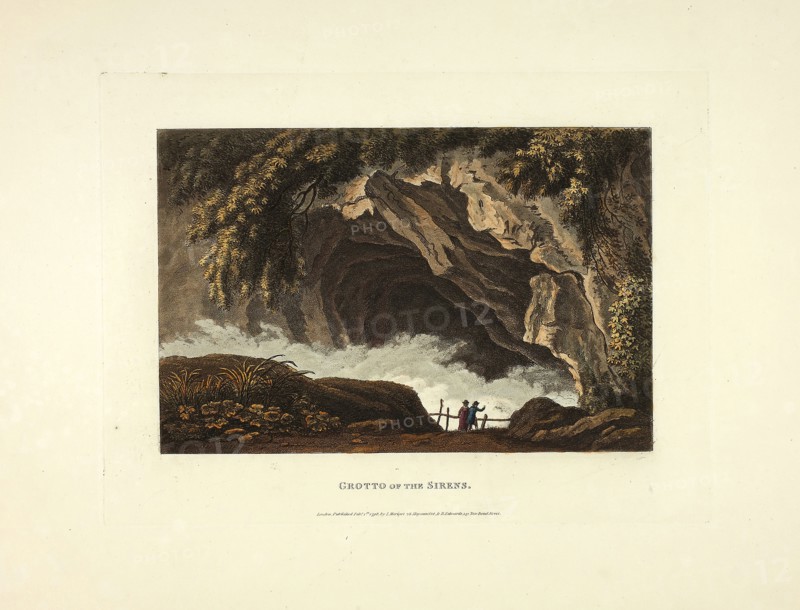 Grotto of the Sirens, plate thirty from the Ruins of Rome, published February 1, 1798, M. Dubourg, (English, active 1786-1838), published by J. Merigot (Italian, Unknown), England, Hand-colored aquatint on paper, 330 × 448 mm (sheet)